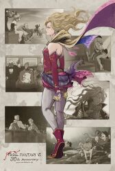 1girl anniversary bare_shoulders blonde_hair boots celes_chere commentary copyright_name cyan_garamonde detached_sleeves dog dress earrings edgar_roni_figaro everyone final_fantasy final_fantasy_vi gau gogo highres interceptor_(ff6) jewelry locke_cole long_hair looking_ahead moogle pantyhose pink_scarf red_dress red_footwear red_sleeves relm_arrowny sabin_rene_figaro scarf setzer_gabbiani shadow_(ff6) sharp_na_ago strago_magus strapless strapless_dress tassel tina_branford two-tone_scarf umaro white_pantyhose white_trim yellow_scarf