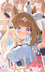 1girl almond_eye_(umamusume) animal_ears blue_eyes blue_hair blush bow braid breasts brown_hair brushing_hair center_frills closed_mouth colored_inner_hair comb commentary_request cross-shaped_pupils frilled_shirt frills hair_bow highres holding holding_comb horse_ears horse_girl large_breasts long_hair looking_at_viewer mirror multicolored_hair multiple_views reflection saboten_mushi shirt single_braid symbol-shaped_pupils too_many_hair_ornaments umamusume white_bow