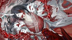 1boy black_hair blood blood_on_clothes blood_on_face brooch chinese_clothes closed_eyes coat e.g.o_(project_moon) hagoromo hanfu highres hong_lu_(project_moon) horns jewelry limbus_company long_hair nishikujic open_mouth project_moon red_hanfu rope sash shawl sidelocks smile solo stab tears_of_the_tarnished_blood_(e.g.o) very_long_hair white_coat white_sash