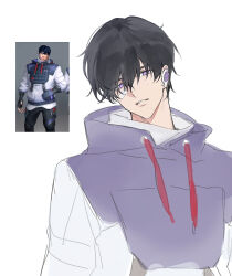 Rule 34 | 1boy, bandaid, bandaid on face, black hair, chinese commentary, commentary request, drawstring, expressionless, game screenshot inset, hair between eyes, head tilt, highres, hood, hood down, hoodie, iso (valorant), kaomishu, looking at viewer, male focus, mole, mole under eye, mole under mouth, multiple moles, parted lips, purple eyes, purple hoodie, short hair, simple background, sketch, solo, upper body, valorant, very short hair, white background, wireless earphones