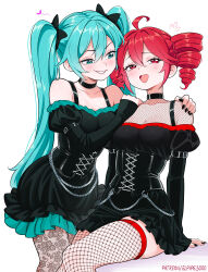 2girls absurdres alternate_costume aqua_eyes aqua_hair black_choker black_corset black_dress black_nails blush breasts choker cleavage corset dress drill_hair elpipe_3000 fishnet_thighhighs fishnets frilled_dress frills hatsune_miku heart highres kasane_teto lace_pantyhose long_hair multiple_girls open_mouth patreon_username red_eyes red_hair simple_background small_breasts thighhighs twin_drills utau vocaloid white_background