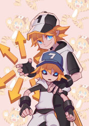 Rule 34 | 1boy, animal print, aotu world, arrow (symbol), baseball cap, black gloves, black hat, black sclera, black shorts, blonde hair, blue eyes, blue hat, character doll, closed mouth, colored sclera, doll, fingerless gloves, gloves, hair between eyes, hat, hood, hood down, hoodie, king (aotu world), looking at viewer, male focus, multicolored hat, multicolored hoodie, official art, open mouth, pink background, pointy ears, qi chuang she, short hair, shorts, simple background, smile, solo, teeth, third-party source, tiger print, white hat, white hoodie