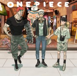 1girl 6+boys abs alternate_universe bear bepo_(one_piece) bird brother_and_sister chest_tattoo clenched_hand clenched_hands costume devil_fruit disguise dragon earrings eating eustass_kid food fur_trim hat highres horns jewelry kouzuki_momonosuke looking_at_another looking_at_viewer manly mask mechanical_arms monkey_d._luffy multiple_boys muscular one_piece onigiri page_one_(one_piece) parrot pectorals road scar serious sheath sheathed siblings single_mechanical_arm smile standing straw_hat street takeuchi_ryousuke tattoo teeth trafalgar_law ulti_(one_piece) who&#039;s_who_(one_piece)