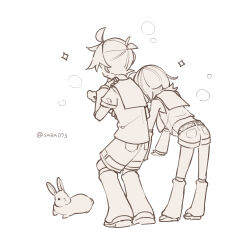 1boy 1girl arm_warmers bare_shoulders belt brother_and_sister from_behind full_body highres kagamine_len kagamine_rin leaf leg_warmers monochrome outstretched_arm ponytail rabbit sazanami_(ripple1996) shirt short_hair short_ponytail short_shorts short_sleeves shorts siblings simple_background sketch sleeveless sleeveless_shirt sparkle standing t-shirt twitter_username vocaloid