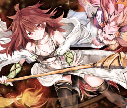 1girl arm_warmers bandeau bare_shoulders cloak collarbone creature duel_monster grin hiita_(yu-gi-oh!) hiita_the_fire_channeler holding holding_staff hood hood_down hooded_cloak kuromiko_shoujo open_mouth red_eyes red_hair smile staff stomach thighhighs trading_card white_cloak yu-gi-oh!