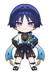 Rule 34 | 1boy, anemo symbol (genshin impact), aqua gemstone, armor, belt, black belt, black bodysuit, black bow, black bridal gauntlets, black leggings, black sandals, black shorts, blue cape, blue kimono, blue sleeves, blunt ends, bodysuit, bow, bridal gauntlets, cape, chibi, closed mouth, covered collarbone, eyeliner, eyeshadow, feathers, full body, furisode, gem, genshin impact, gold, hair intakes, hakama, hakama shorts, hands on own hips, highres, japanese armor, japanese clothes, juban, kimono, kote, kurokote, layered sleeves, leg warmers, leggings, looking at viewer, makeup, male focus, mandarin collar, open clothes, open kimono, pleated shorts, pocket, pom pom (clothes), purple eyes, purple hair, purple pupils, purple rope, purple sash, red eyeliner, red eyeshadow, ren hasu, rope, sandals, sash, scaramouche (genshin impact), short sleeves, shorts, shoulder peek, smile, solo, straight-on, tassel, toeless legwear, toes, tsurime, vision (genshin impact), wanderer (genshin impact), white background, white kimono, white leg warmers, white sleeves, white trim, wispy bangs, yellow feathers, zouri