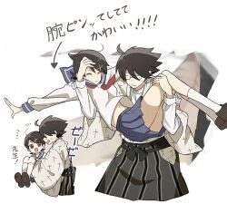 1boy 1girl ahoge arrow_(symbol) black_hair blue_sailor_collar blue_skirt brown_shoes carrying commentary_request cropped_legs dress_shirt fuura_kafuka glasses hair_ornament hakama hakama_skirt hakuuyori itoshiki_nozomu japanese_clothes kimono kneehighs long_sleeves multiple_views neckerchief notice_lines opaque_glasses open_mouth pleated_skirt princess_carry red_eyes red_neckerchief sailor_collar sayonara_zetsubou_sensei school_uniform shirt shoes short_hair skirt small_sweatdrop socks translation_request white_background white_shirt white_socks x_hair_ornament