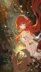 1girl absurdres ai_dongdong ancient_greek_clothes backless_dress backless_outfit blue_eyes cross-shaped_pupils crossed_bangs deer dress floating_hair flower from_behind greco-roman_clothes hair_between_eyes hair_flower hair_ornament highres honkai:_star_rail honkai_(series) long_hair looking_at_viewer looking_back outdoors parted_lips pointy_ears red_hair symbol-shaped_pupils tribios_(honkai:_star_rail) white_dress white_flower