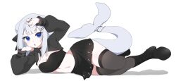 beluga_whale black_boots black_hoodie black_nails blue_eyes bluenamie boots buckle cetacean_tail cross drawstring fins fish_tail goth_fashion hair_ornament hairpin hand_to_head highres hood hoodie indie_virtual_youtuber multiple_hairpins navel nekoromancer see-through_clothes see-through_legwear tail thighhighs white_hair