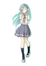 1girl aqua_hair blue_bow blue_bowtie bow bowtie collared_shirt commission cosplay double_v dress_shirt full_body green_eyes grey_skirt grin hair_ornament hairclip highres kantai_collection make_heroine_ga_oo_sugiru! school_uniform shirt simple_background skirt smile solo summer_uniform suzuya_(kancolle) tetsuryuu tsuwabuki_high_school_uniform v white_background white_shirt yanami_anna yanami_anna_(cosplay) yellow_bow yellow_bowtie