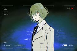 1boy akechi_gorou black_necktie brown_hair chinese_commentary chromatic_aberration closed_mouth collared_shirt commentary_request grey_jacket hair_between_eyes highres jacket long_sleeves male_focus necktie persona persona_5 recording red_eyes shirt short_hair solo tuitangguxuanshou upper_body viewfinder white_shirt