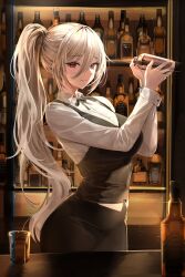 1girl absurdres alcohol arms_up bar_(place) bartender breasts cleavage cocktail_shaker cup drinking_glass hair_between_eyes highres large_breasts lillly long_hair long_sleeves looking_at_viewer original ponytail red_eyes shaking shirt smile solo white_hair
