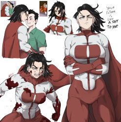 1boy 1girl absurdres black_hair bodysuit breasts cape dashi_(dashiart) english_text frown genderswap genderswap_(mtf) grey_hair highres invincible_(series) large_breasts medium_hair multicolored_hair muscular omni-man red_bodysuit red_cape superhero_costume two-tone_hair white_bodysuit