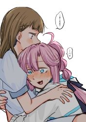 2girls anyoji_hime black_bow black_ribbon blue_dress blush bow braid brown_hair center-flap_bangs commentary_request dress hair_bow hair_ribbon hasu_no_sora_school_uniform head_on_chest highres hood hooded_jacket hug jacket kachimachi_kosuzu link!_like!_love_live! long_hair love_live! multi-tied_hair multiple_girls namazakana_kuenai nose_blush open_mouth pink_hair ponytail puffy_short_sleeves puffy_sleeves ribbon sailor_collar school_uniform short_sleeves side_braids simple_background speech_bubble summer_uniform three-quarter_sleeves translation_request virtual_youtuber white_background white_jacket white_sailor_collar yuri