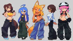 Rule 34 | 5girls, :p, absurdres, ahoge, animal collar, animal ears, azumanga daiou, bacun, bandeau, bangle, belt, blue hair, bone hair ornament, bracelet, braid, breasts, brown hair, cartoon bone, chest harness, collar, commentary, dark-skinned female, dark skin, denim, dog ears, dog girl, dog tail, english commentary, extra ears, fang, fingerless gloves, full body, gloves, hair ornament, hand on own hip, harness, hat, highres, hololive, holster, inugami korone, izumi konata, jakuzure nonon, jeans, jewelry, kagura (azumanga daioh), kill la kill, large breasts, liru, long hair, low twin braids, lucky star, midriff, mole, mole under eye, multiple girls, navel, nudist beach uniform, o-ring, o-ring top, one eye closed, open mouth, pants, panty straps, pink hair, puff of air, red eyes, renkin san-kyuu magical pokaan, short hair, shoulder holster, simple background, skull print, small breasts, studded bracelet, sweatdrop, tail, tan, tank top, tongue, tongue out, twin braids, twintails, utility belt, virtual youtuber, wolf ears, wolf girl, wolf tail, wristband, y2k fashion