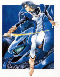 1980s_(style) 1boy black_hair boots choujikuu_seiki_orguss energy_sword fingerless_gloves gloves head katsuragi_kei kei_katsuragi mecha mikimoto_haruhiko military military_uniform mullet official_art oldschool orguss orguss_(mecha) pilot_suit production_art retro_artstyle robot scan science_fiction sword traditional_media weapon