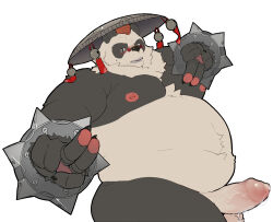 1boy animal_ears bara bell belly black_fur bracelet claws commentary completely_nude english_commentary erection fat fat_man foreskin furry furry_male highres hugothecorgo jewelry jingle_bell kung_fu looking_at_viewer male_focus multicolored_fur navel nipples nude open_mouth pan_yinhu panda_boy panda_ears pawpads pectorals penis penis_peek round_eyewear spiked_bracelet spikes white_background white_fur wok zenless_zone_zero