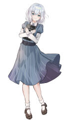 1girl absurdres bang_dream! belt black_belt black_shoes blue_dress blue_eyes book chen_onef diary dress frilled_sleeves frills full_body highres holding holding_book kurata_mashiro light_smile long_sleeves looking_at_viewer shoes short_hair simple_background socks solo striped_clothes striped_dress vertical-striped_clothes vertical-striped_dress white_background white_hair white_socks