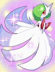 Rule 34 | artist name, bob cut, colored skin, dress, elbow gloves, gardevoir, gen 3 pokemon, gloves, green hair, hair over one eye, highres, mega gardevoir, mega pokemon, nintendo, pink eyes, pokemon, pokemon (creature), sparkle, watermark, white dress, white gloves, white skin, yukari (yukari21653710)