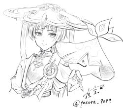 Rule 34 | 1boy, anemo symbol (genshin impact), ararycan (genshin impact), belt, blunt ends, bodysuit, bow, closed mouth, covered collarbone, cropped torso, feathers, gem, genshin impact, greyscale, hat, highres, japanese clothes, jingasa, juban, kimono, looking at creature, male focus, mandarin collar, monochrome, open clothes, open kimono, pom pom (clothes), rope, sash, scaramouche (genshin impact), short sleeves, shoulder peek, signature, sketch, smile, split mouth, sword, tsurime, twitter username, vision (genshin impact), wanderer (genshin impact), weapon, white background, wispy bangs, yozora 9089