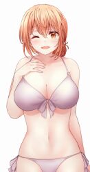 1girl bare_shoulders bikini blank_eyes blonde_hair blush breasts cleavage collarbone commentary front-tie_bikini_top front-tie_top grey_bikini hair_between_eyes hair_bun hand_on_own_chest highres large_breasts looking_at_viewer mature_female medium_hair navel one_eye_closed open_mouth red_hayao simple_background single_hair_bun speech_bubble swimsuit white_background yahari_ore_no_seishun_lovecome_wa_machigatteiru. yellow_eyes yuigahama_yui&#039;s_mother