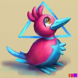 animal_focus bird commentary cortoony creature english_commentary from_side full_body gen_1_pokemon gen_2_pokemon happy looking_away looking_up nintendo no_humans pokemon pokemon_(creature) porygon porygon2 profile shadow simple_background smile solo yellow_eyes