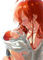 1boy 1girl absurdres ars_greyrat baby_carry blush breasts carrying child cleavage closed_eyes collarbone eris_greyrat highres kou_(spad7u59) long_hair mother_and_child mushoku_tensei nightgown parted_lips red_hair short_hair simple_background white_background white_nightgown