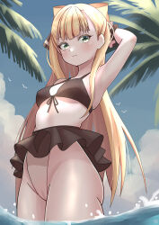 1girl absurdres arm_behind_head arm_up bare_arms bikini bikini_skirt black_bikini blonde_hair bow breasts cameltoe closed_mouth cloud cowboy cowboy_shot cowboy_western eyelashes front-tie_bikini_top front-tie_top green_eyes hair_bow hanaka_pu highres kathrina_griebel light_blush long_hair looking_to_the_side outdoors palm_tree sky small_breasts solo standing straight_hair swimsuit tree very_long_hair wading water western world_dai_star