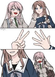 Rule 34 | 2girls, a jak, bag, bang dream!, bang dream! it&#039;s mygo!!!!!, blue eyes, blue shirt, blush, brown hair, chihaya anon, closed eyes, fang, green necktie, grey eyes, grey jacket, grey neckerchief, haneoka school uniform, highres, jacket, long hair, long sleeves, multiple girls, nagasaki soyo, neckerchief, necktie, open mouth, pink hair, rock paper scissors, school bag, school uniform, shirt, shoulder bag, simple background, tsukinomori school uniform, twitter username, white background