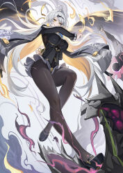 1girl absurdres ahoge arm_behind_back between_fingers black_pantyhose black_shirt black_shoes blonde_hair blue_flower blue_rose breasts colored_sclera floating_hair flower flower_on_chest hair_intakes hair_ornament hairclip highres holding large_breasts legs long_hair long_sleeves multicolored_hair official_alternate_costume ofuda ofuda_between_fingers pantyhose rose rx-c shirt shoes solo two-tone_hair white_hair yellow_eyes yixuan_(trails_of_ink)_(zenless_zone_zero) yixuan_(zenless_zone_zero) zenless_zone_zero