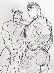 Rule 34 | 2boys, ?, abs, arm hair, ass hair, bara, billy russell (dickfish), chest hair, clothes lift, couple, covering crotch, covering privates, dickfish (fishismdick), facial hair, feet out of frame, from below, fundoshi, fundoshi day, fundoshi pull, glasses, hairy, highres, japanese clothes, john rottweil (dickfish), large pectorals, leg hair, loincloth, loincloth lift, looking at viewer, male focus, mature male, multiple boys, muscular, muscular male, mustache, navel, navel hair, nipples, original, pectorals, pulling own clothes, raised eyebrows, scan, short hair, sideburns, sketch, spoken question mark, stomach, thick eyebrows, thick thighs, thighs, topless male, traditional media, yaoi