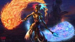 1girl colored_skin courtney_chitsiga eyeshadow fire gerudo green_skin ice jewelry long_hair makeup nintendo silver_hair staff the_legend_of_zelda the_legend_of_zelda:_ocarina_of_time twinrova twintails