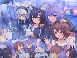 :3 absurdres ahoge animal_ear_fluff animal_ears black_hair braid brown_eyes brown_hair cat_ears cat_girl character_doll commentary_request crane_game cup dog_ears dog_girl doll earrings fox_ears fox_girl fox_tail green_eyes hair_between_eyes hair_ornament hairclip highres holding holding_cup hololive inugami_korone jewelry kyl490 long_hair multicolored_hair nekomata_okayu ookami_mio purple_eyes purple_hair red_hair shirakami_fubuki sidelocks single_braid streaked_hair tail virtual_youtuber white_hair wolf_ears wolf_girl yellow_eyes