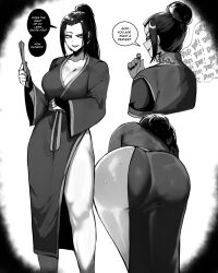 1girl absurdres ass ass_focus avatar:_the_last_airbender avatar_legends azula black_hair breasts cleavage dress english_text facing_away greyscale hair_bun hair_pulled_back highres huge_ass large_breasts long_hair looking_at_viewer masoq monochrome ponytail smile solo speech_bubble sweat