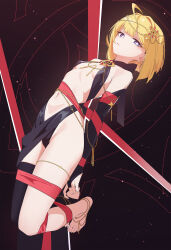 +_+ 1girl absurdres ahoge arms_behind_back bare_shoulders behalter black_thighhighs blonde_hair bound breasts clear_(djmax) commentary djmax elbow_gloves full_body gloves grey_eyes highres looking_at_viewer medium_hair single_thighhigh small_breasts solo stomach suspension thighhighs