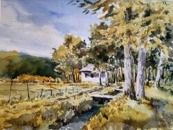 Rule 34 | akemisuisai, blue sky, bridge, building, cabin, cloud, cloudy sky, day, fence post, forest, grass, hill, nature, no humans, original, painting (medium), rope fence, scenery, sky, stream, sunlight, traditional media, tree, tree shade, water, watercolor (medium)