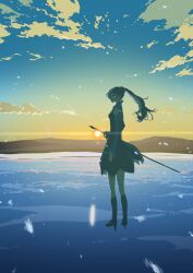 Rule 34 | 1girl, 55bata6rou, blue eyes, blue sky, boots, cloud, dress, from behind, full body, high heels, highres, holding, holding sword, holding weapon, horizon, ice, long hair, looking at viewer, mountainous horizon, myrtenaster, no lineart, ocean, outdoors, ponytail, rwby, sky, snow, snowing, solo, standing, sun, sword, weapon, weiss schnee