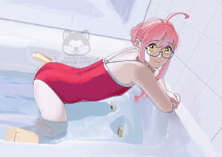 1girl ahoge all_fours alternate_costume alternate_hairstyle aqua-framed_eyewear ass bathroom bathtub braid braided_bun competition_school_swimsuit glasses hair_bun highres kantai_collection looking_at_viewer makigumo_(kancolle) ojipon one-piece_swimsuit pink_hair red_one-piece_swimsuit school_swimsuit short_hair_with_long_locks solo swimsuit watermark yellow_eyes