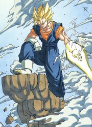 Rule 34 | 1boy, aura, blonde hair, blue pants, blue sash, blue shirt, boots, dougi, dragon ball, dragonball z, electricity, energy sword, full body, gloves, green eyes, highres, male focus, orange shirt, pants, reeya, sash, shirt, solo, spiked hair, super saiyan, super saiyan 1, sword, vegetto, weapon, white boots, white gloves