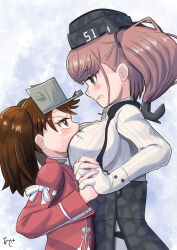 2girls akashieru angry atlanta_(kancolle) black_headwear blush breast_envy breast_press breasts brown_eyes brown_hair earrings garrison_cap grey_eyes hair_ornament hat highres japanese_clothes jewelry kantai_collection large_breasts long_hair long_sleeves multiple_girls ryuujou_(kancolle) shirt simple_background skirt star_(symbol) star_earrings suspender_skirt suspenders twintails two_side_up visor_cap white_background white_shirt