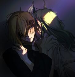 Rule 34 | 1boy, 1girl, bare shoulders, black shirt, blonde hair, closed mouth, collared shirt, dimitri alexandre blaiddyd, dimitri alexandre blaiddyd (timeskip), dragon girl, dragon horns, dragon wings, eyelashes, eyepatch, female byleth (fire emblem), fire emblem, fire emblem: three houses, green hair, grey robe, hand on another&#039;s shoulder, horns, long hair, long pointy ears, long sleeves, looking at another, looking to the side, medium hair, nintendo, one eye covered, parted lips, pointy ears, popped collar, robe, shirt, sideways glance, smile, supi 002, turtleneck, upper body, wings