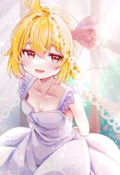 1girl :d blonde_hair braid breasts commentary_request dress hair_ribbon looking_at_viewer open_mouth pointy_ears red_eyes ribbon rumia sakuyabm short_hair small_breasts smile solo touhou white_dress