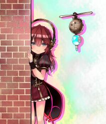 Rule 34 | 1girl, ajitarou (setsu), automedic alma, blue eyes, brick, drone, emil chronicle online, frilled skirt, frills, headphones, miniskirt, peeking out, red hair, skirt, smile, standing