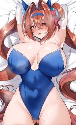 1girl absurdres alternate_costume animal_ears antenna_hair armpits arms_up bare_shoulders blue_hairband blue_leotard blush breasts cleavage collarbone commentary_request covered_navel cowboy_shot daiwa_scarlet_(umamusume) elbow_gloves fang gloves gluteal_fold groin hair_between_eyes hair_intakes hair_ornament hairband highleg highleg_leotard highres horse_ears horse_girl horse_tail huge_breasts kshimu leotard long_hair lying nontraditional_playboy_bunny on_back on_bed open_mouth paid_reward_available pillow red_eyes red_hair solo strapless strapless_leotard sweat tail twintails umamusume very_long_hair white_gloves