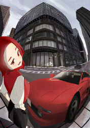 1girl absurdres black_pants blush breasts brown_eyes car city fang fangs fisheye forehead hands_in_pockets head_tilt highres medium_breasts motor_vehicle open_mouth original pants red_car red_hair red_shirt shirt smile solo sports_car torepon toyota_mr2 toyota_mr2_sw20 white_sleeves