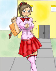 1girl avatar:_the_last_airbender avatar_legends bag blush bow bowtie braid breast_pocket breasts brown_hair building cleavage cloud door grass green_eyes hair_bow holding holding_bag kimbawest large_breasts long_hair looking_down nickelodeon open_mouth pink_shirt pink_thighhighs pocket popped_button red_bow red_bowtie red_skirt school school_bag school_uniform shirt short_sleeves single_braid skirt sky standing surprised thighhighs ty_lee window
