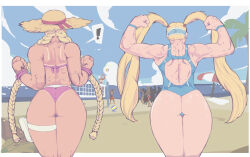 ass back_cutout back_muscles ball beach beach_umbrella belt biceps bikini blue_one-piece_swimsuit bracelet braid cammy_white capcom chun-li clothing_cutout crowd elena_(street_fighter) flexing jewelry legs_together low_twin_braids luke_sullivan michel_teru muscular muscular_female ocean official_alternate_costume one-piece_swimsuit pink_bikini rainbow_mika ryu_(street_fighter) street_fighter street_fighter_6 street_fighter_v swimsuit tan tanline thigh_belt thigh_strap thighs twin_braids twintails umbrella volleyball volleyball_(object) volleyball_net