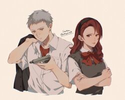 Rule 34 | 1boy, 1girl, aged down, bandaid, bandaid on face, bandaid on nose, black hairband, bow, commentary, crossed arms, english commentary, evoker, gekkoukan high school uniform, grey eyes, grey hair, grey vest, gun, hairband, holding, holding gun, holding weapon, jacket, jacket over shoulder, kirijou mitsuru, long hair, looking at object, looking at viewer, persona, persona 3, red bow, red eyes, red hair, red undershirt, ribbon, sanada akihiko, school uniform, shirt, short hair, smile, soc nau, sweater vest, twitter username, unworn jacket, upper body, vest, weapon, white background, white shirt
