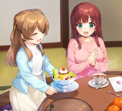 2girls :d ^_^ akeiro_kaikitan aqua_eyes blue_cardigan blush breasts brown_hair cardigan cherry closed_eyes cofetaru commentary_request cone_hair_bun cream crossover cup double_bun food fruit hair_between_eyes hair_bun hair_down happy hinamori_kana in-franchise_crossover indoors jewelry kiwi_(fruit) kiwi_slice large_breasts long_hair mandarin_orange multiple_girls nanairo_reincarnation open_mouth own_hands_clasped own_hands_together pendant pink_shirt pudding red_hair round_teeth seiza shirt sidelocks sitting skirt sleeves_past_wrists smile steam strawberry strawberry_slice table takigawa_kotori tareme tatami tea teacup teeth turtleneck upper_teeth_only white_shirt white_skirt