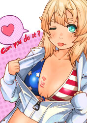 1girl :p absurdres american_flag american_flag_bikini american_flag_print aqua_eyes bikini blonde_hair blush body_writing breasts bridget_(guilty_gear) clothes_pull cropped_jacket english_text flag_print flag_print_bikini genderswap genderswap_(mtf) guilty_gear heart highres jacket looking_at_viewer medium_hair one_eye_closed partially_unzipped print_bikini small_breasts spoken_heart sugajyun swimsuit tongue tongue_out upper_body white_jacket
